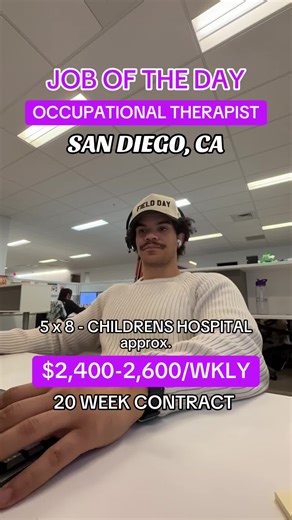 JOB OF THE DAY 🚨 Occupational Therapist (OT) 📍 San Diego, CA - Children’s Hospital (PEDS) - 20 WEEK CONTRACT (rare) - Start Date: April 20 approx. $2,400–$2,600 Weekly Gross Includes estimated $24–$27/hr taxable base   non-taxable stipends (if eligible) Why this one stands out: • 20-week contract = stability (less contract hopping) • Top-tier Children’s Hospital = resume builder • Pediatric feeding experience = niche   high demand • San Diego location = lifestyle   career combo Ideal for: OTs 