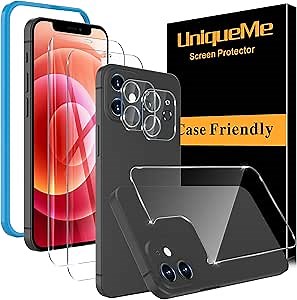 [2+2+1 Pack] UniqueMe Compatible with iPhone 12 Mini(5.4 inch),Screen Protector + Camera Lens Protector + Back Screen Protector Tempered Glass HD Clear [Installation Frame][Precise cutout]Bubble Free