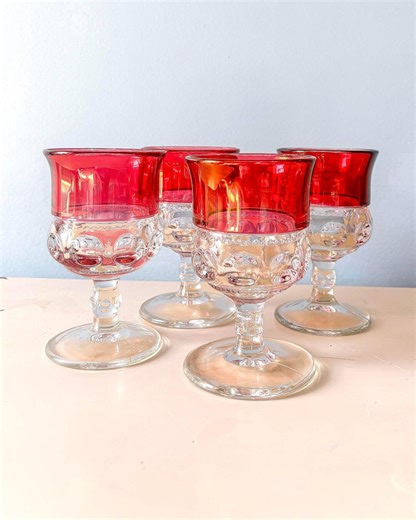 Vintage Ruby Red Glass Goblets Set of 4 | Retro Wine Glasses | Mid Century Barware | Red Stemware | Vintage Drinkware Set | - Etsy