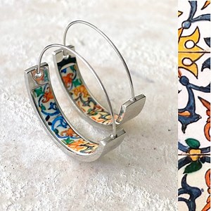 HOOP Earrings ATRIO Portugal Tile Antique Azulejo Pinterest Coimbra 1590 - Stainless Steel 1" Gift Box Included - Ships From USA Silver Tone - Etsy