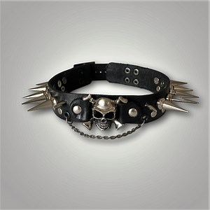 Black Punk Leather Collar With Skull and Studs, Genuine Leather Gothic Studded Choker, Spiked Gothic Adjustable Collar With Scull and Bones - Etsy
