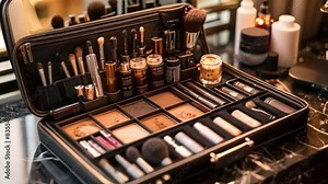 An open makeup case filled with brushes, compacts, and other makeup products on a marble surface.