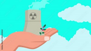 Hand offering nuclear energy, symbolized by growing plants and butterflies. Ideal for environmental campaigns, energy sector, and sustainability presentations, promotes clean and green nuclear energy
