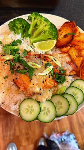 Cod in coconut sauce with rice, broccoli, fried potatoes and cucumber #fypppppppppppppp