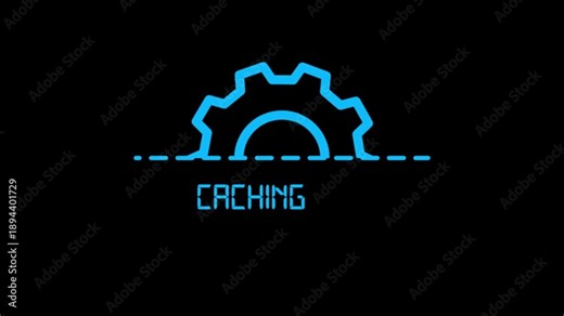 Caching gear icon animation on black background, system cache process progress indicator, technology software performance