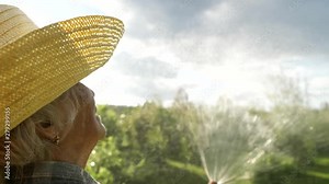 Ederly Woman Farmer Working Watering Field Plants Growing Garden. Harvest Bio Products Fresh Vegetables. 80 Years Old Woman Farmer Working.