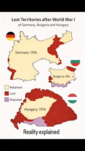 Reality Explained on Instagram: "📜🌍 AFTER WORLD WAR I: WHEN THE VICTORS REDREW EUROPE — AND SOME COUNTRIES NEVER RECOVERED What this map shows (and what it leaves out) ✍️ By Zane History Buff This image is a simple visual of a very complicated truth: after World War I, the “losing side” didn’t just lose a war — they lost territory, people, ports, resources, and sometimes the idea of the state itself. The map highlights Germany, Bulgaria, and Hungary, showing what they retained (yellow), what t