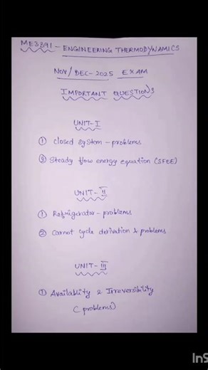 ME3391 - ENGINEERING THERMODYNAMICS / NOV_DEC - 2025 / IMPORTANT QUESTIONS #trending #annauniversity