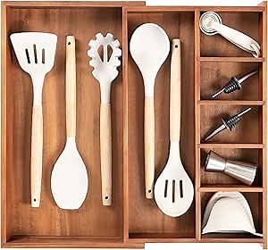 KitchenEdge Adjustable Kitchen Drawer Organizer for Utensils and Junk, Food-Safe Contract Grade with 100% Sustainable Wood, Non-Slip, Expandable from 10.5 to 18.5 Inches Wide - Natural Acacia