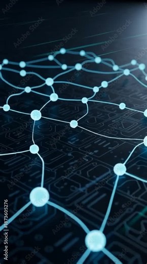 Futuristic Technology Network Background with Glowing Connected Nodes and Digital Circuit Lines, Abstract Data Communication and Artificial Intelligence Concept for Vertical Video and Modern Tech
