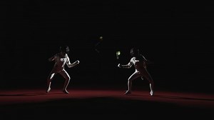 Professional Fencing Sport, Fighting Of Two Female Fencers On Fencing Track, Sportswomen With Foils