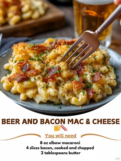 Beer  and Bacon Mac & Cheese 肋 A creamy, cheesy comfort dish with a malty beer twist and crispy bacon crumbles for the ultimate indulgence  Ingredients : 8 oz elbow macaroni (or pasta of choice) 4 slices bacon, cooked and chopped 2 tablespoons butter 2 tablespoons all-purpose flour ¾ cup milk ¾ cup beer (lager or pale ale recommended) 2 cups shredded sharp cheddar cheese ..... Full Recipe in Coʍmеոτ  旅 | Soul Recipes | Facebook