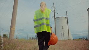 Foreman Designer On Power Plant.Civil Engineer Developer With Helmet.Builder Constructor Foreman.High Voltage Plant Building Project Architect.Civil Architect Builder On Construction Site With Helmet.