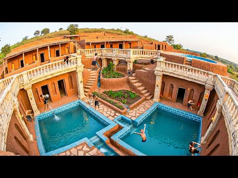 200 Days Building Hidden Underground Clay House & Twin Pools in Remote Hillside Using Primitive Tool