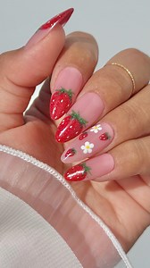 EASY Strawberry spring nails for beginners 🌸✨🍓 Drop a “💖” if you want to see these holographic nails in pink! Using @daily_charme: • Blush Almond Medium Charme Tips • H58 Rudolph • H57 Mistletoe • 002 Perfect White • Art Liner Brush #springnails #strawberrynails #holonails #reflectivenails #glitternails #diynails #nailtutorial #rednails #nails #dailycharme #easynails | Daily Charme