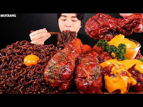 ASMR MUKBANG | Black Bean Noodles & Spicy Fried Chicken, Cheese Balls EATING SOUND