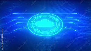 Motion graphic of Blue digital cloud computing logo and circle futuristic HUD elements