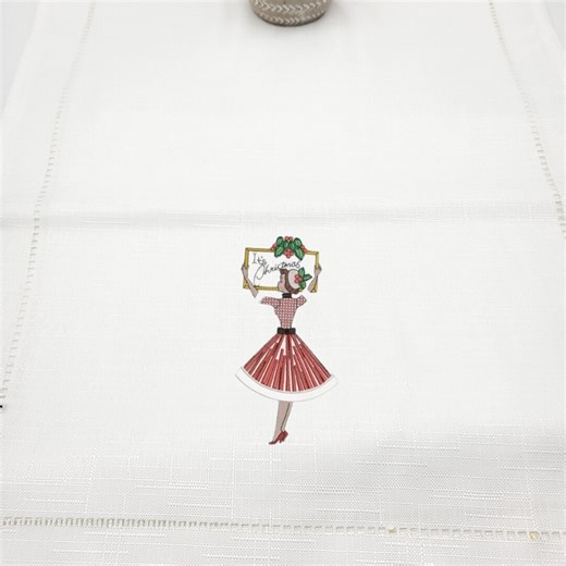 Embroidered Christmas Table Runner: Retro Lady Design, Cotton Xmas Decor - Etsy UK