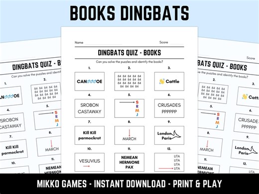 Printable Books Dingbats Picture Quiz With Answers: Downloadable Rebus Puzzles, Pub Quiz Sheets, Family Game Night - Etsy