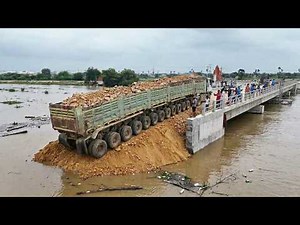 Impressive! Amazing Scary Dump Truck Unloading Dirt The Great Bulldozer Bridge Construction Land Fil