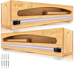 Wrap Organizer Dispenser with Cutter, (2 Piece Set), Fits 12" Rolls, Plastic Wrap, Aluminum Foil, Wax Paper, Saran Wrap, Cling Wrap Holder for Kitchen Storage, Mountable, Bamboo