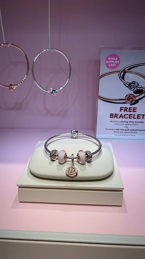 Free bangle event! Spend $125 and qualify for a free limited edition sterling silver bangle. Spend $290 and you can upgrade to a rose gold version! #freebracelet #pandora #mothersday #giftideas #charms