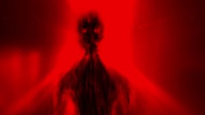 Alien monster silhouette in rays of light standing in doorway. Animation in genre of horror. Red background color.