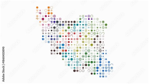 Iran map animation. Shape of the country with pulsating colored dots. Large size circle blocks. Digital style Iran map on white background. Simple video.