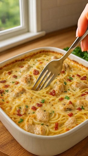 🍝 Creamy Chicken Spaghetti Bake A rich, cheesy, ultra-comforting casserole packed with tender chicken, perfectly cooked spaghetti, creamy sauce, melted cheese, and bits of flavorful peppers. The perfect family-favorite dinner! --- ⭐ Ingredients 12 oz (340 g) spaghetti, cooked al dente 2 cups cooked chicken, shredded or diced 1 cup diced tomatoes (or Rotel) ½ cup diced bell peppers (optional) 1 cup chicken broth 1 can cream of chicken soup 1 cup sour cream 1 ½ cups shredded cheddar cheese 1 cup 