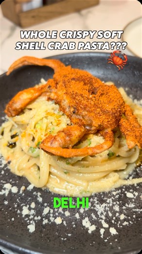 Karan Marwah | FOODDelhi on Instagram: "Wait… so you’re telling me there’s a whole crispy soft-shell crab on top of my pasta?! 🦀🍝 At Camillo’s Pizzeria in The Manor Hotel, Delhi, this one’s a proper seafood flex. A crispy soft-shell crab rubbed with a spicy chilli mix sits on top of smooth, flat linguine pasta, tossed with chilli, garlic, tempered basil, olive oil, and parmesan. The crackling, sweet crab meat adds the perfect texture to this creamy, flavour-packed preparation. Unique, indulgen