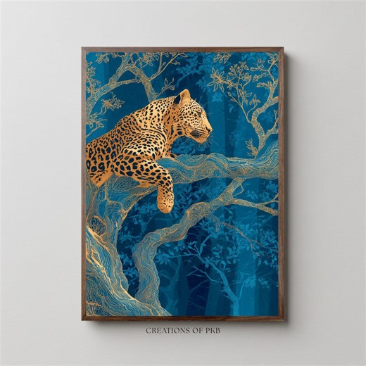 Leopard Wall Art, Blue Jungle Print, Gold Botanical Safari Canvas - Etsy