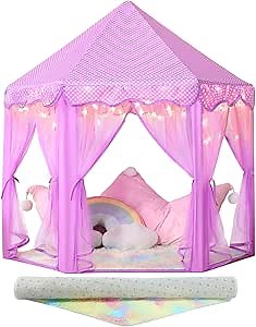 Princess Tent for Girls Indoor: with Rainbow Rug, Star Lights - Purple Play Tent for Kids, Girls Toys for Indoor Princess Games