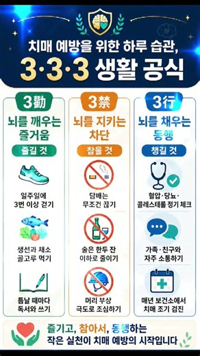 치매 예방을 위한 3·3·3 생활공식｜보건복지부 치매예방수칙 #복지 #정원실버케어센터 #정원노인요양원 #치매요양원