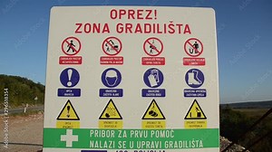 Symbols on construction site. Warnings and prohibitions on panel. Danger, safety, protection and warning sign. Explosion, fire, falling materials, safety gloves and other symbols.