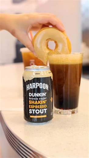 Harpoon Brewery on Instagram: "We went back to where it all started — the first Dunkin’ — to celebrate our latest release in this special partnership. As a New England staple that’s won hearts across the region for more than seven decades, we’re proud to team up with Dunkin’ to craft our first fully nitrogenated packaged beer: Dunkin’ Nitro Brown Sugar Shakin’ Espresso Stout. Brewed with our loyal fans in mind, the extra nitrogen creates a smoother, creamier taste that brings out the rich Dunkin