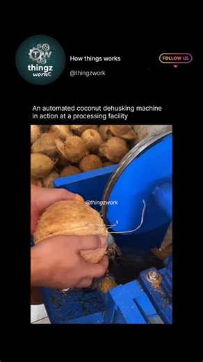 How things work on Instagram: "This scene displays an automated machine handling coconuts inside a processing facility Hard shells are guided into rotating blades that remove husk with controlled force The motion is steady powerful and designed for continuous industrial operation Coconuts move along conveyors ensuring smooth flow without human strain The system increases speed safety and uniform output across large batches Mechanical precision replaces traditional manual dehusking methods effici