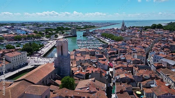 Panoramic view of the famous town La Rochelle with its old port, and the famous St Nicolas towers and the chain. Aerial drone flyback ascending and cityscape