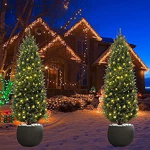 Artificial trees for outdoors set of 2PCS Artificial Cypress TreFaux Outdoor Tree Cedar Pallet Tree Potted Plant UV Protected Foliage Shrubs Home & Office Interior Decor Outdoor Pruning Tree, Green