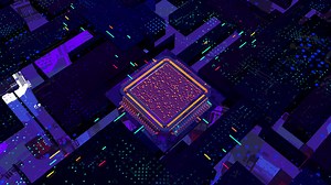 Download Circuit board with a central computer processors CPU, a working digital motherboard chip with thousands of illuminated connections and a purple and blue background. Loop sequence. 3d Animation for free
