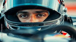 Close-up of race car driver's intense eyes through helmet visor. Professional motorsport athlete focused in cockpit before competition. Determination and concentration in high-speed racing