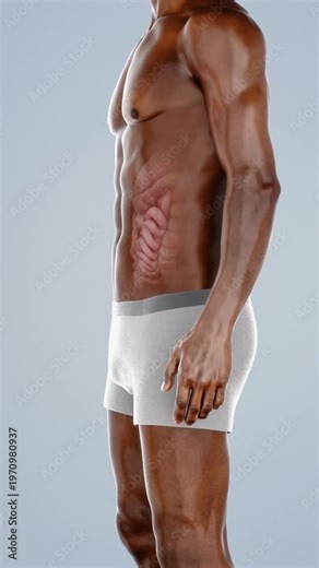 Black Man getting fat and gaining weight, junk food and overeating leading to obesity, excess fat, from slim figure to overweight figure, Obesity animation, Alpha channel. 3D animation.
