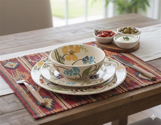 Eva Mendes Jardine Stoneware Hand-painted Floral Dinner Plates, Bowls, Appetizer Set - Etsy