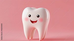 Happy cartoon tooth character promoting dental health for children with a cheerful expression on a playful background