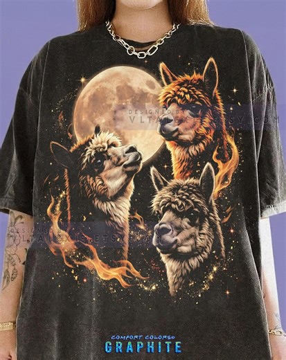 Alpaca Llama Full Moon Fire Comfort Colors® Tshirt, Animal Lover Retro Vintage 90S Graphic Tees, Wildlife Nature Space Sweater, Tanktop, - Etsy