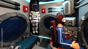 Astronaut in cockpit of spaceship surrounded by instruments and equipment. Pilot controls the space rescue shuttle. 3d cartoon looping animation