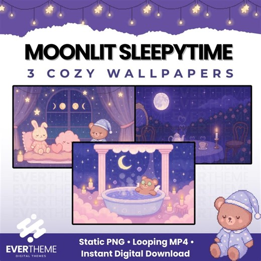 Cozy Night Desktop Wallpaper Bundle | 3 Cute Pixel Wallpapers | Cozy Kawaii Aesthetic| Moon and Bear Wallpaper Pack| Animated MP4   PNG - Etsy