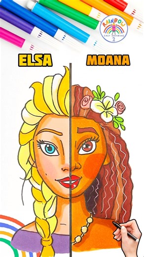 Draw Cute Disney Princesses | Draw Moana and Elsa Easy and Cute 🌈👸🏼 #frozen #shorts #moana #girl
