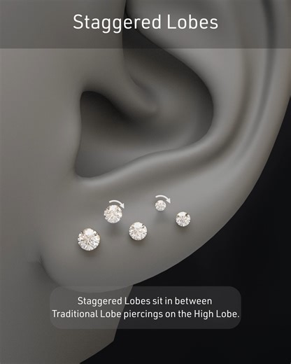 MARIA TASH on Instagram: "Stacked vs. staggered. How a single shift in placement changes the entire rhythm of the ear. #earpiercing #lobepiercing #stackedlobe #staggeredlobe #curatedear"