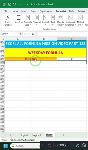 WEEKDAY Formula in Excel 📅| वीकडे फॉर्मूला क्या है | Excel Date Function Explained in Hindi Part 133