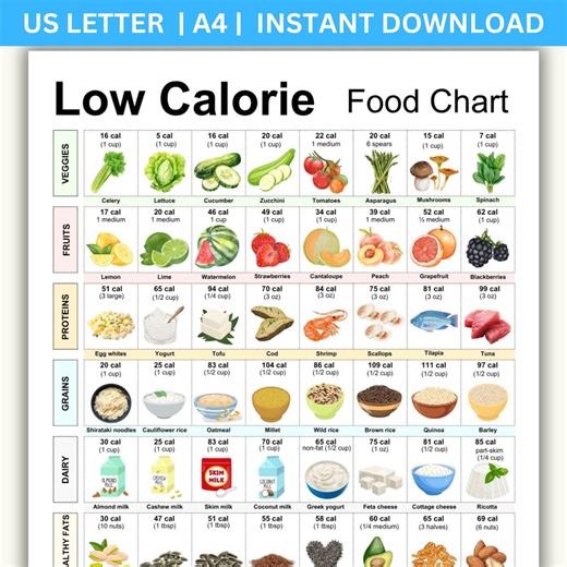 Low Calorie Food Chart: Weight Loss Meal Planner (printable PDF) - Etsy